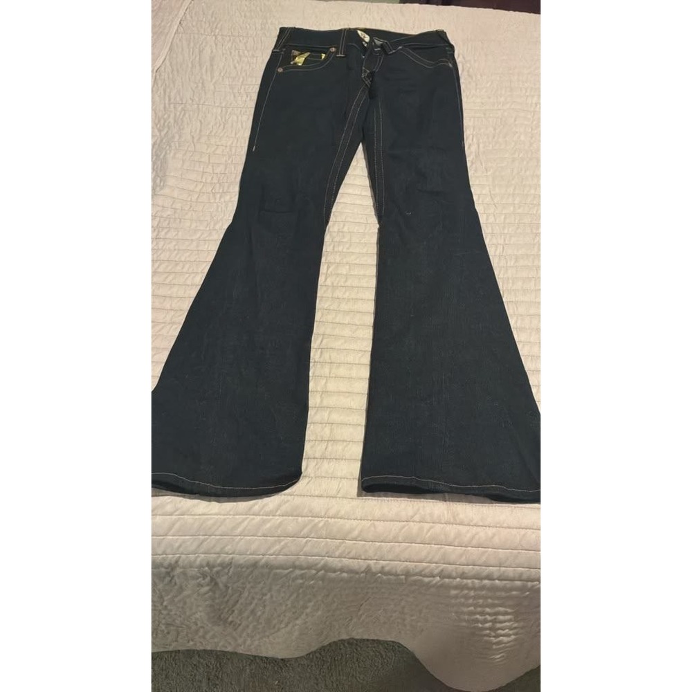 True Religion Joey Super T Flare Jeans Dark Wash Gold Horseshoe Made in USA 28